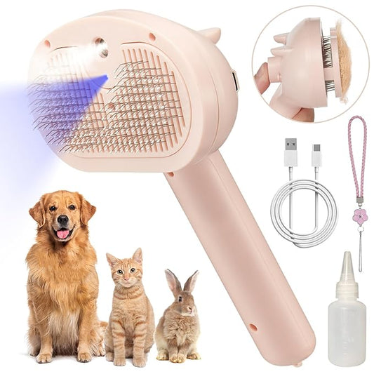 Pet Steam Hair Comb Brush for Shedding, 4 In 1 Spray Brush for Long & Short Haired Cat&Dog, Self-Cleaning Hair Remover with Water Tank And LED Blue Light, Release Button(Pink)