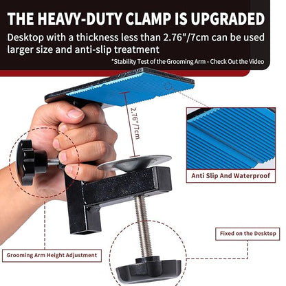 Dog Grooming Table Arm with Hammock - Adjustable Height, Pet Grooming Hammock, No Sit Haunch Holders, Loop Noose Heavy-Duty Clamp (Black)