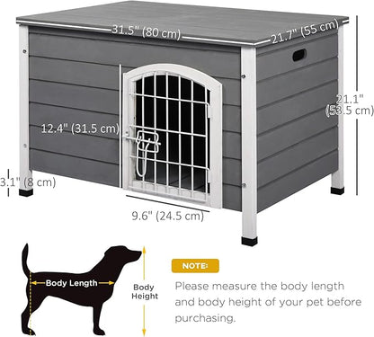 PawHut 31" L Wooden Decorative Dog Cage Kennel Wire Door with Lock Small Animal House with Openable Top Removable Bottom Grey