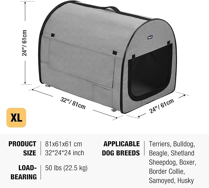 Veehoo Collapsible Dog Crates for Large Dogs - Portable Dog Travel Crate with A Storage Bag, Soft Sided Foldable Dog Kennel for Indoor & Outdoor Use, 32 * 24 * 24 inch, Grey