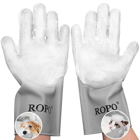 ROPO silicone gloves for pet grooming, multi-functional gloves for pet hair shedding, bathing, and massage (Grey)