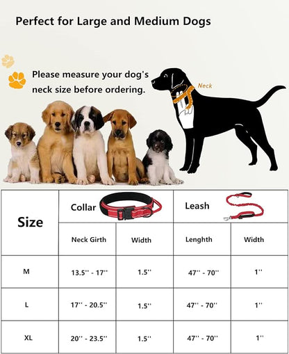 AUBELL Tactical Dog Collar and Leash Set, Adjustable Military Nylon Reflective Dog Leash and Collar with Handle and Heavy Metal Buckle for Medium Large Dogs, with Airtag Holder and 2 Patches (Red, L)