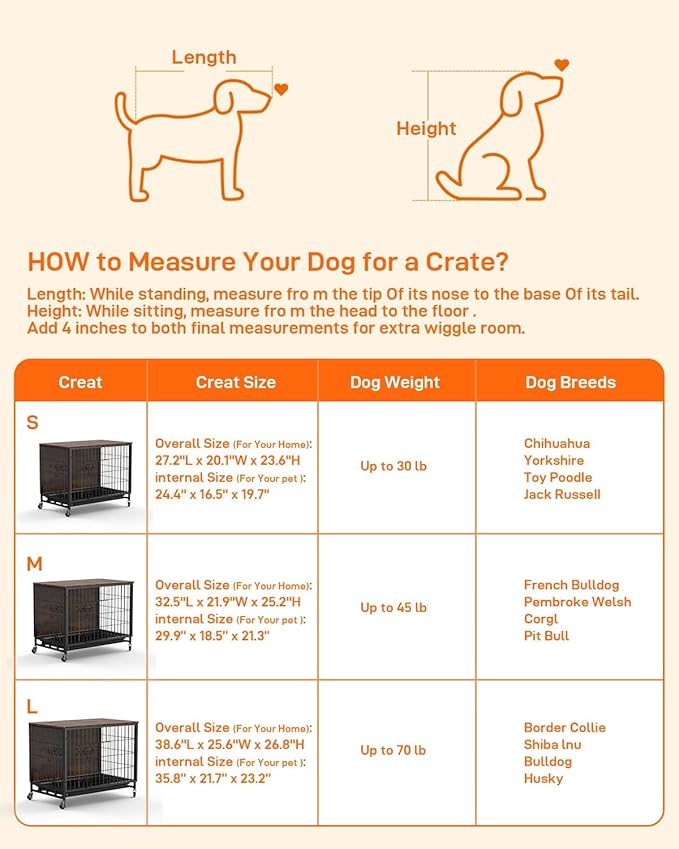 Dog Crate Furniture, 38.6" Wooden Dog Kennel Indoor, Double Doors Dog Cage with Removable Tray, Wheels, Large Dog Crate End Table for Medium/Large Dogs, Rustic Brown