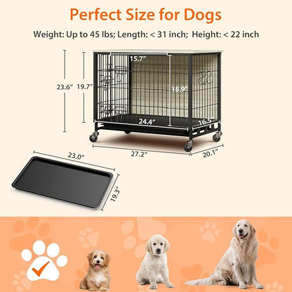 27.2" Dog Crate Furniture, Furniture-Style Dog Crate - Kennel Table with Wheels, Rustic Pet Cage for Small Breeds, Grey & Black