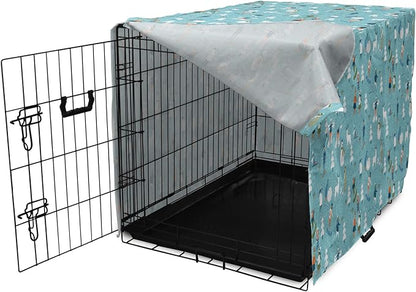 Lunarable Christmas Dog Crate Cover, Winter Games Theme Pattern with Snowman Trees Snowboard Reindeer and Adults, Easy to Use Pet Kennel Cover for Cats & Medium Dogs, 24 Inch, Multicolor