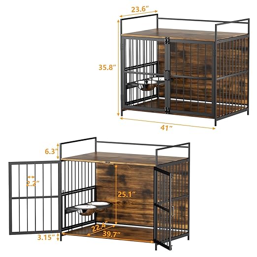 41 Inch Furniture Style Large Dog Crate with 360° & Adjustable Raised Feeder for Dogs 2 Stainless Steel Bowls -End Table House Pad, Indoor Use Brown