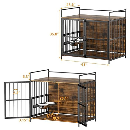 41 Inch Furniture Style Large Dog Crate with 360° & Adjustable Raised Feeder for Dogs 2 Stainless Steel Bowls -End Table House Pad, Indoor Use Brown