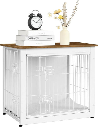 DWANTON Dog Crate Furniture with Cushion, Wooden Dog Crate with Double Doors, Dog Furniture, Dog Kennel Indoor for Small Dog，End Table, 27.2" L, White+Warm Brown