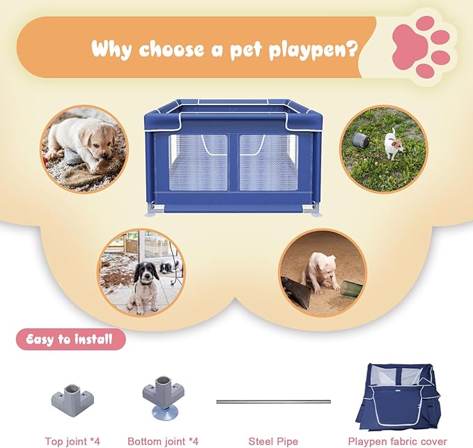 Puppy PlayPen 42 × 42 Inch, Dog Playpen with Gate for Puppies, Small and Medium Dogs, Pet PlayPen for Outdoors & Indoors, Tear Resistant Fabric.