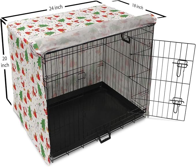 Ambesonne Christmas Dog Crate Cover, Xmas Santa Claus Tree on Colorful Polka Dot Backdrop Surprise Boxes Art, Easy to Use Pet Kennel Cover for Cats & Medium Dogs, 24 Inch, Green and Red