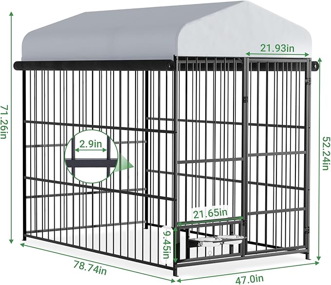 Outdoor Dog Kennel - 6.6 x 3.9 x 5.9 ft Outside Dog Kennel with Roof,Large Dog Outdoor Kennel with Rotating Feeding Bowls for Medium Small Dogs