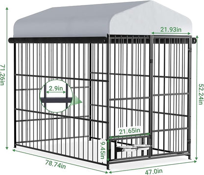 Outdoor Dog Kennel - 6.6 x 3.9 x 5.9 ft Outside Dog Kennel with Roof,Large Dog Outdoor Kennel with Rotating Feeding Bowls for Medium Small Dogs