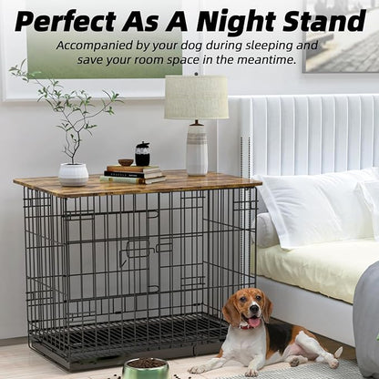 Dog Crate Topper Wood 48 Inch Dog Crate Topper Crate Table Topper Collapsible Dog Kennel Topper for Decorative Dog Crate, Suitable for 48 Inch Wire Dog Crate (Furniture Style, Brown)