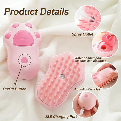 Cat Steam Brush, 3 in 1 Cat Steamy Brush, Silicone Massage Grooming Brush, Pet Hair Cleaning Brush Comb for Cats Dogs(Pink Cat Paw)