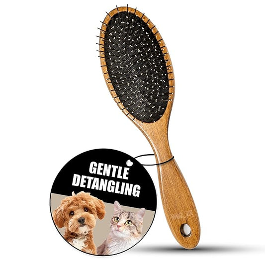 TAURO PRO LINE Wooden Dog Brush for Detangle Long and Short Hair, Wooden Soft Massage Brush for Grooming Haired Dogs and Cats, Flexible Cushion and Non-Slip Grip, Oval, 8,66 x 2,36 inch, Brown