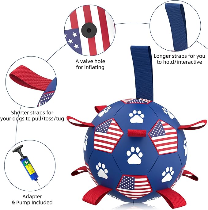 QDAN Dog Toys Soccer Ball with Straps - Durable Dog Balls for Large Dogs, Beach Pool Dog Water Toy, Dog Tug Toys for Tug of War, Puppy Dog Birthday Gifts (8 Inch)