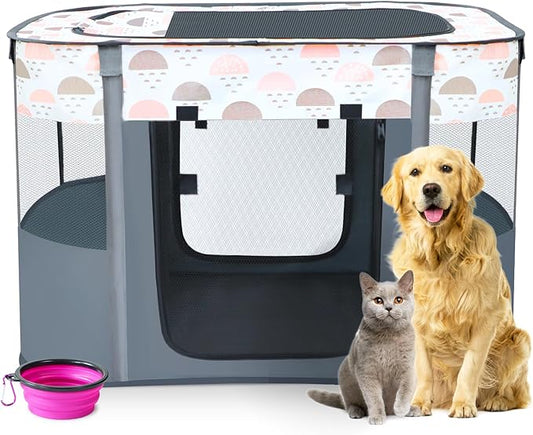 Portable Foldable Pet Playpen with Carrying Case and Travel Pet Bowl, Water Resistant Dog Cat Playpen Crate with Removable Shade Cover, Puppy and Kitten Indoor/Outdoor Pop Up Playpen（S）