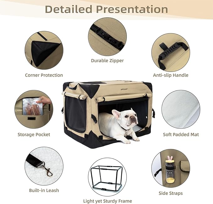 Pettycare 30 Inch Collapsible Dog Crate with Curtains Travel Dog Crate for Airflow and Calm Soft Pet Kennel with Portable Bag and More Chew Proof Mesh Indoor & Outdoor Beige 4 Door Curtains