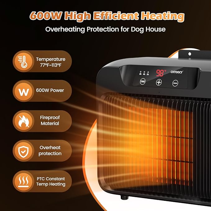 Unique Design 600W Large Dog House Heater w Thermostat, Adjustable Temp & 3 Timer(2 4 8 H) Heating, Pet Heater for Outdoor Winter Insulated House w 6 Ft Anti Chew Cord, Won't Burn Pets Kennel Heater