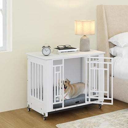 YITAHOME Dog Crate Furniture, 31.9" Heavy Duty Dog Cage, Wooden Side End Table with Wheels, Chew-Resistant Metal Dog Kennel with Removable Tray, Dog House Indoor for Small Medium Dogs, White