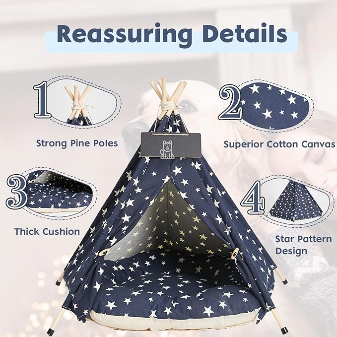 Pet Teepee Tents, 24 Inch Portable Indoor Dog Teepee Bed with Thick Cushion, Washable Navy Blue Stars Pattern Teepee Tent House for Puppy & Cat