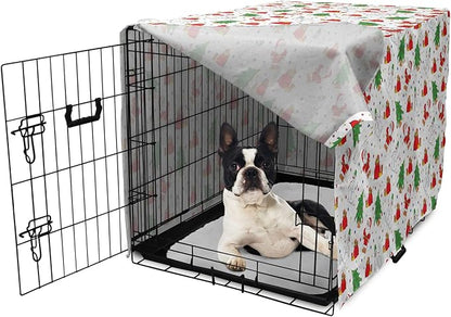 Ambesonne Christmas Dog Crate Cover, Xmas Santa Claus Tree on Colorful Polka Dot Backdrop Surprise Boxes Art, Easy to Use Pet Kennel Cover for Small Dogs Puppies Kittens, 22 Inch, Green and Red