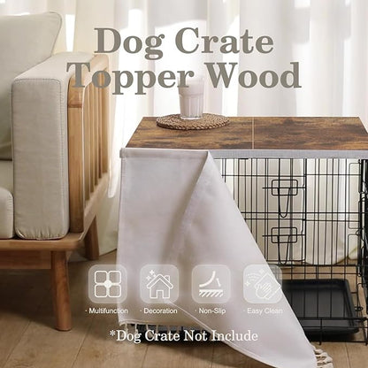 Dog Crate Topper Wood for 24 30 36 42 48 inch Cages, Dog Crate Table Topper Foldable Dog Kennel Topper with Tassel Curtain, Rustic Style Top Rustic Brown(Crate Not Include)