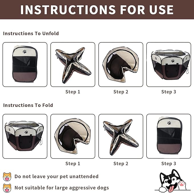 Portable Pet Playpen for Small Cat Dog Puppy Rabbit,Cat Kitten Playpen Indoor Outdoor with Carrying Case,Waterproof Bottom and Removable Zipper Top (S(28.7" x 28.7" x 16"), Brown)