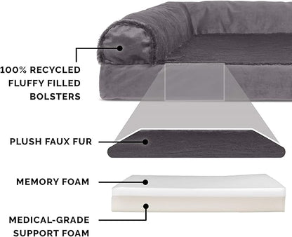 Furhaven Memory Foam Dog Bed for Medium/Small Dogs w/ Removable Bolsters & Washable Cover, For Dogs Up to 35 lbs - Plush & Velvet L Shaped Chaise - Platinum Gray, Medium