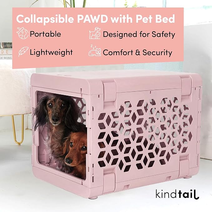 KindTail PAWD Collapsible Puppy and Dog Crate + Washable Bed - Stylish Pet Kennel with Comfortable Pad - Safe Indoor Set - Lightweight, Compact & Portable for Travel - Small White