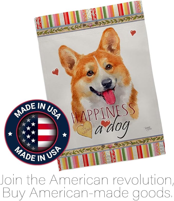 Breeze Decor Fawn Corgi Happiness House Flag Pack Dog Puppy Spoiled Paw Canine Fur Pet Nature Farm Animal Creature Vintage Applique Banner Small Garden Yard Gift Double-Sided, Made in USA