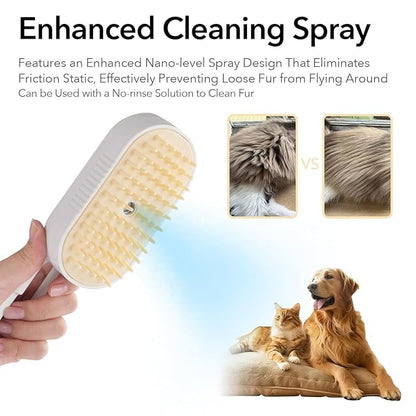 Soft 3-in-1 Silisone Spray Brush, Upgraded for Shedding, Cleaning and Spa Massage, Hair Removal, Best Water Steam Brush for indoor Long or Short Haired Cat and Dog (Purple, Handle)