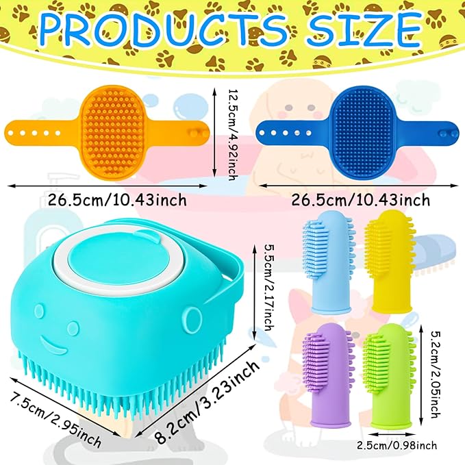 Ponpon 3PCS Dog Bath Brush with 4Pcs Dog Toothbrush, Dog Scrubber for Bath, Dog Shampoo brush with Adjustable Ring Handle, Dog Shower Brush for Long Short Hair