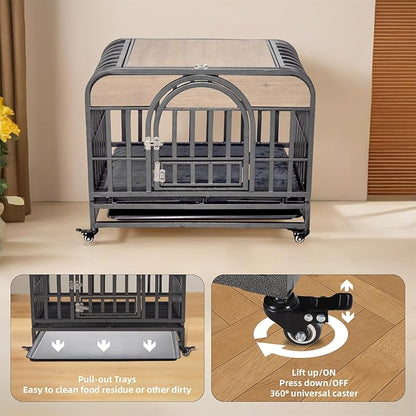 NicBex 46 Inch Heavy Duty Dog Crate Strong Metal Pet Kennel Playpen and Crate with Removable Trays and Wheels,Furniture Style Dog Crate for Medium/Large Dogs,Natural
