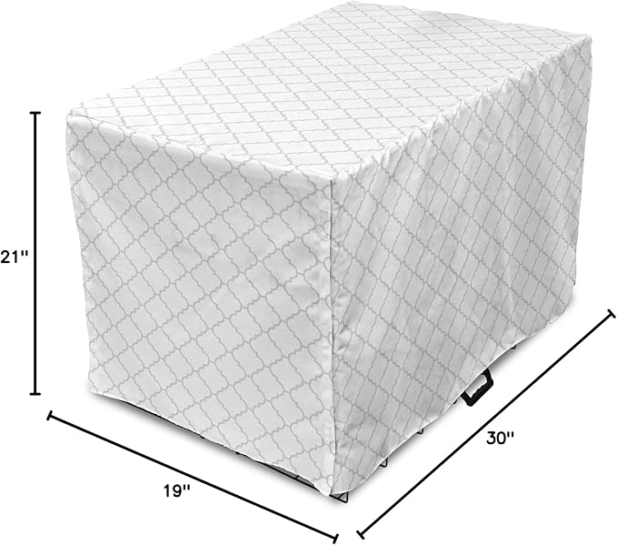 Lunarable Grey Dog Crate Cover, Moroccan Traditional Trellis Pattern Simple Geometric Monochrome Tile, Easy to Use Pet Kennel Cover for Cats & Medium Dogs, 30 Inch, White Grey