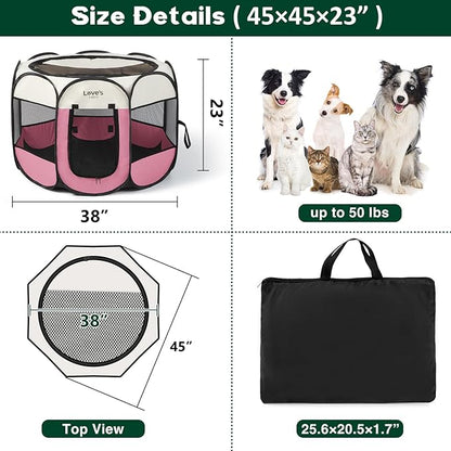 Love's cabin Pet Puppy Dog Playpen, Large Dog Tent Crates Cage Indoor/Outdoor, Portable Playpen for Cat, Foldable Pop Up Dog Kennel Playpen with Carring Case, Removable Zipper Top, Pink