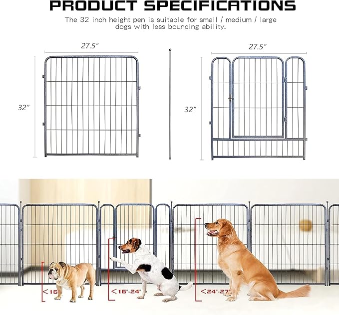 Dog Playpen,32/40/45 Inch Height in Heavy Duty, Folding Indoor Outdoor Anti-Rust Dog Exercise Fence, Portable Pet Playpen with Door for Large Medium Small Dogs and Pet (8 Panels, 32 Inch) Silver