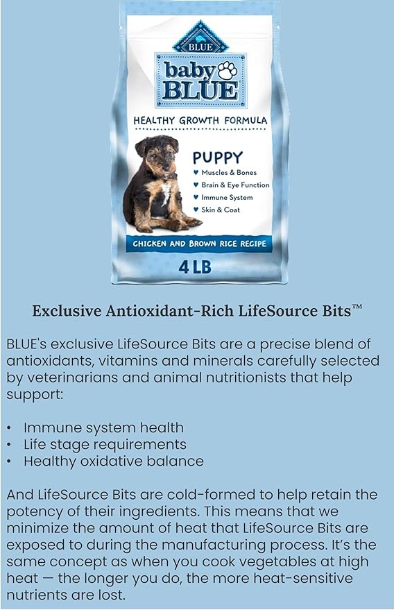 Baby Blue Puppy Food Bundle, Includes 01 Bag(4 LB) Baby Blue Healthy Growth Formula with Chicken and Brown Rice,01 Carrot Dog Toys and 01 Booklet About Pet Nutrition.