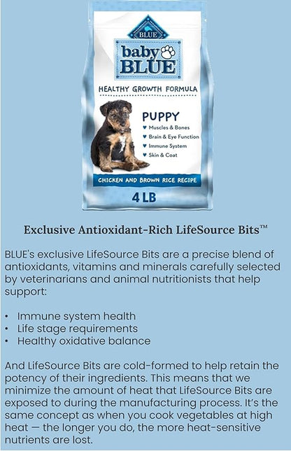 Baby Blue Puppy Food Bundle, Includes 01 Bag(4 LB) Baby Blue Healthy Growth Formula with Chicken and Brown Rice,01 Carrot Dog Toys and 01 Booklet About Pet Nutrition.