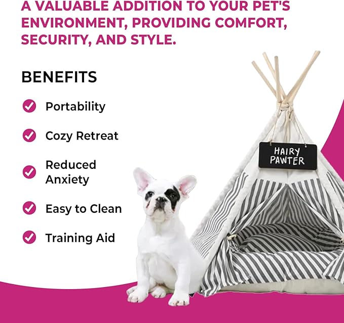 Dog Teepee Cozy Retreat, Portable Pet Tent for Small Dogs with Soft Cushion, Easy to Clean Canvas Pet House, 27.5 x 23.6 inches, Foldable Grey and White Striped