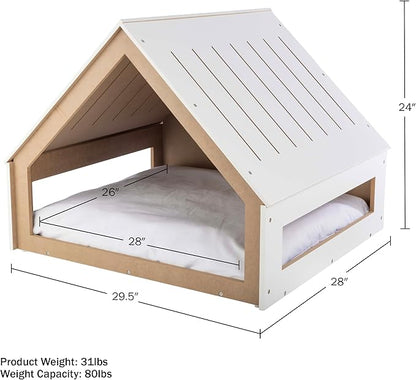 Indoor Dog House Bed - Wood Doghouse with Soft Cushion and Air Vents - 29.5x28x24in Dog Furniture for Small to Medium Pets up to 80lbs - Puppy Accessories by PETMAKER (White)