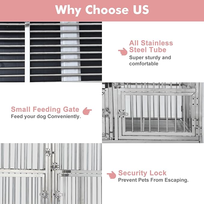 48-in Heavy Duty Dog Crate Cage Kennel with Wheels, Full Stainless Steel High Anxiety Indestructible Dog Crate, Sturdy Locks Design, Double Door Small Door Design & Removable Tray Design Silver
