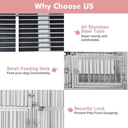 42" Heavy Duty Dog Crate Cage Kennel with Wheels, Full Stainless Steel High Anxiety Indestructible Dog Crate, Sturdy Locks Design, Double Door Small Door Design & Removable Tray Design (Silver)
