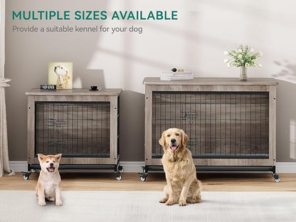 YITAHOME YITAHOME Dog Crate Furniture with Cushion, Dog Kennel Indoor with Wheels, Dog Crate End Table with Tray, 27" Dog Cage with Double Doors for Small Dog (Gray)