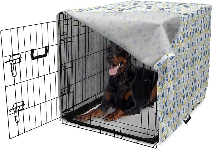 Lunarable Yellow and Blue Dog Crate Cover, Random Doodle Circles Abstract Floral Pattern, Easy to Use Pet Kennel Cover for Medium Large Dogs, 42 Inch, Pale Yellow Pale Blue