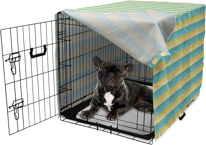 Lunarable Yellow and Blue Dog Crate Cover, Horizontal Chevron Motifs Zigzag Lines Pattern Ombre Inspired Design, Easy to Use Pet Kennel Cover for Cats & Medium Dogs, 24 Inch, Aqua Mustard