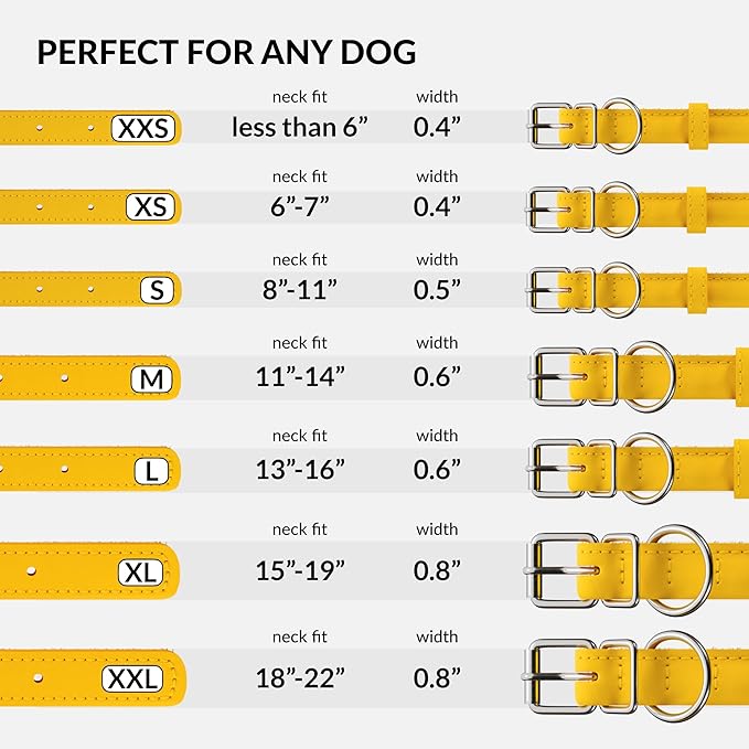 CollarDirect Rolled Leather Dog Collar, Soft Padded Round Puppy Collar, Handmade Genuine Leather Collar Dog Small Large Cat Collars 13 Colors (13-16 Inch, Yellow Smooth)
