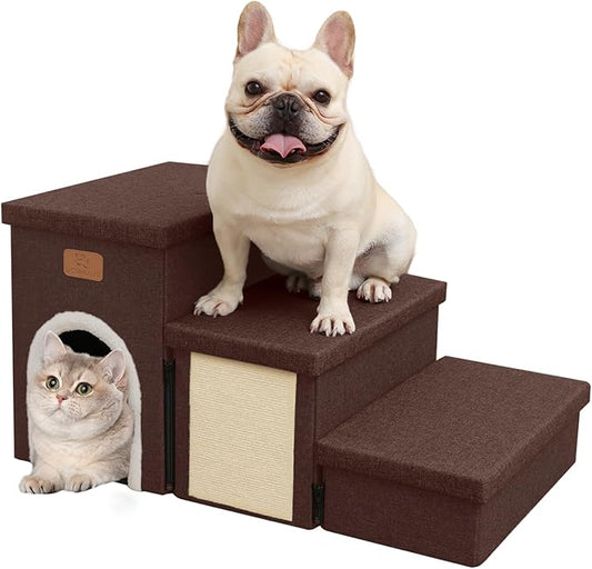 downluxe Dog Stairs for Small Dogs, Foldable Dog Steps for Bed, Sofa and Chair, Non-Slip Pet Steps with Cat Scratcher and Condo (3-Step Pet Stairs, Brown)