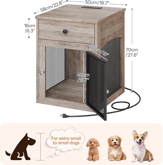 HOOBRO Dog Crate Furniture, Dog Kennel with Drawer and Charging Station, Indoor Decorative Puppy House, Wooden Pet Crate End Table for Small Dogs, Greige and Black BG58UGW03G1