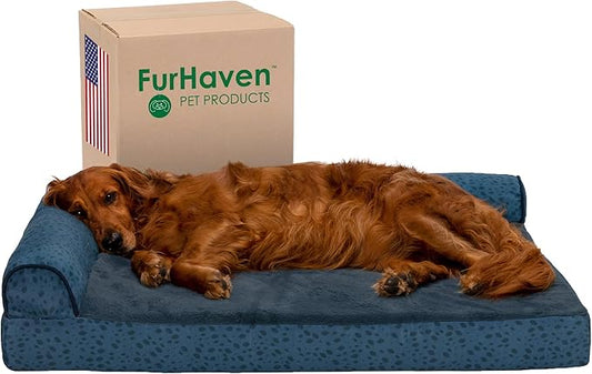 Furhaven Memory Foam Dog Bed for Large Dogs w/ Removable Bolsters & Washable Cover, For Dogs Up to 95 lbs - Plush & Almond Print L Shaped Chaise - Blue Almonds, Jumbo/XL
